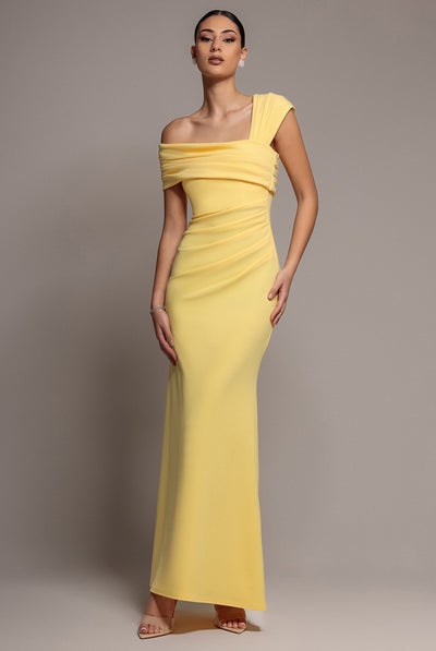 Butteryellow - One Shoulder Asymmetric Scuba Crepe Maxi Dress - Butter Yellow by Goddiva