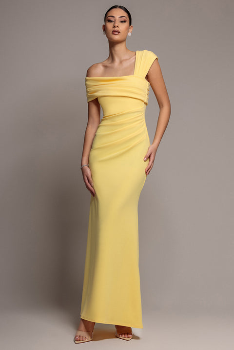 One Shoulder Asymmetric Scuba Crepe Maxi Dress - Butter Yellow by Goddiva