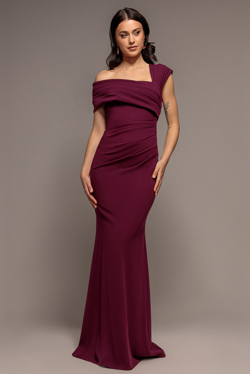 One Shoulder Asymmetric Scuba Crepe Maxi Dress - Plum DR3231