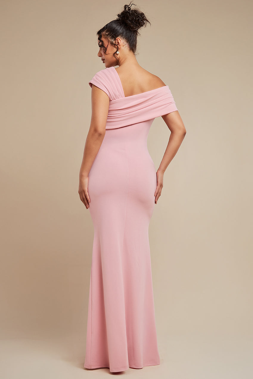 One Shoulder Scuba Crepe Evening Maxi Dress - Blush Pink DR3231