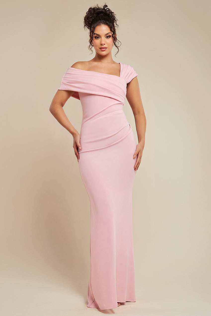 One Shoulder Scuba Crepe Evening Maxi Dress - Blush Pink DR3231