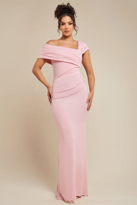 One Shoulder Scuba Crepe Evening Maxi Dress - Blush Pink by Goddiva