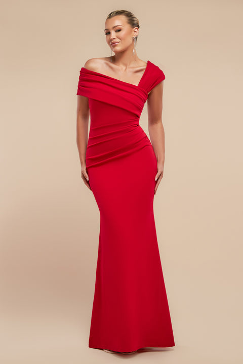 Goddiva One Shoulder Evening Maxi Dress - Red