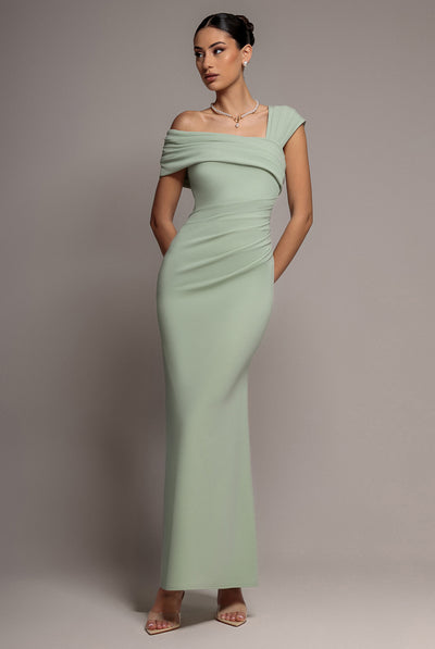 Sage Green - One Shoulder Asymmetric Scuba Crepe Maxi Dress - Sage Green by Goddiva