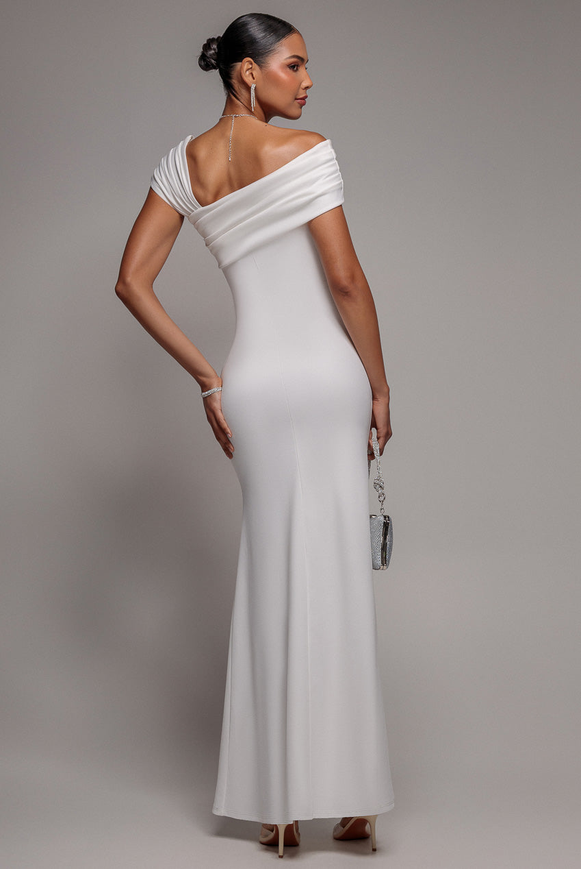 One Shoulder Asymmetric Scuba Crepe Maxi Dress - White DR3231
