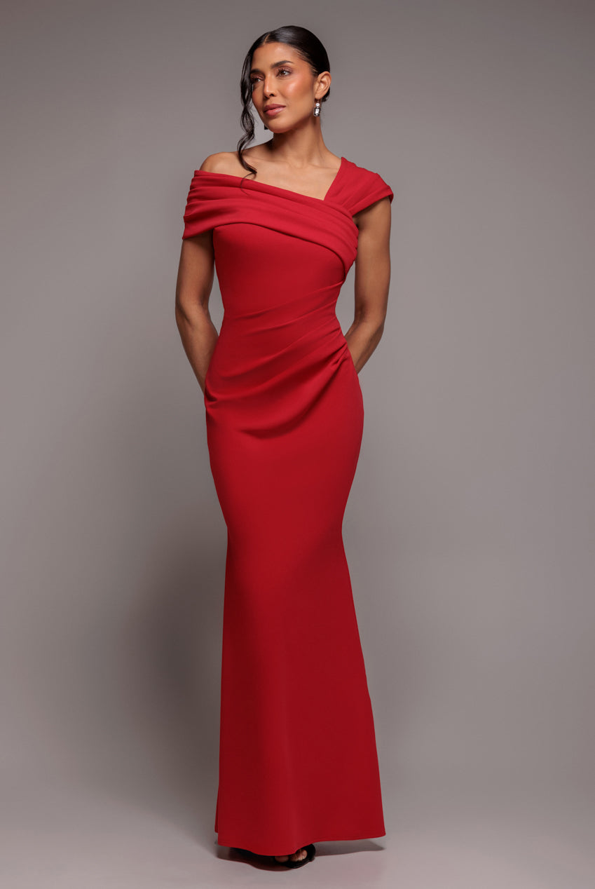 One Shoulder Evening Maxi Dress - Red DR3231