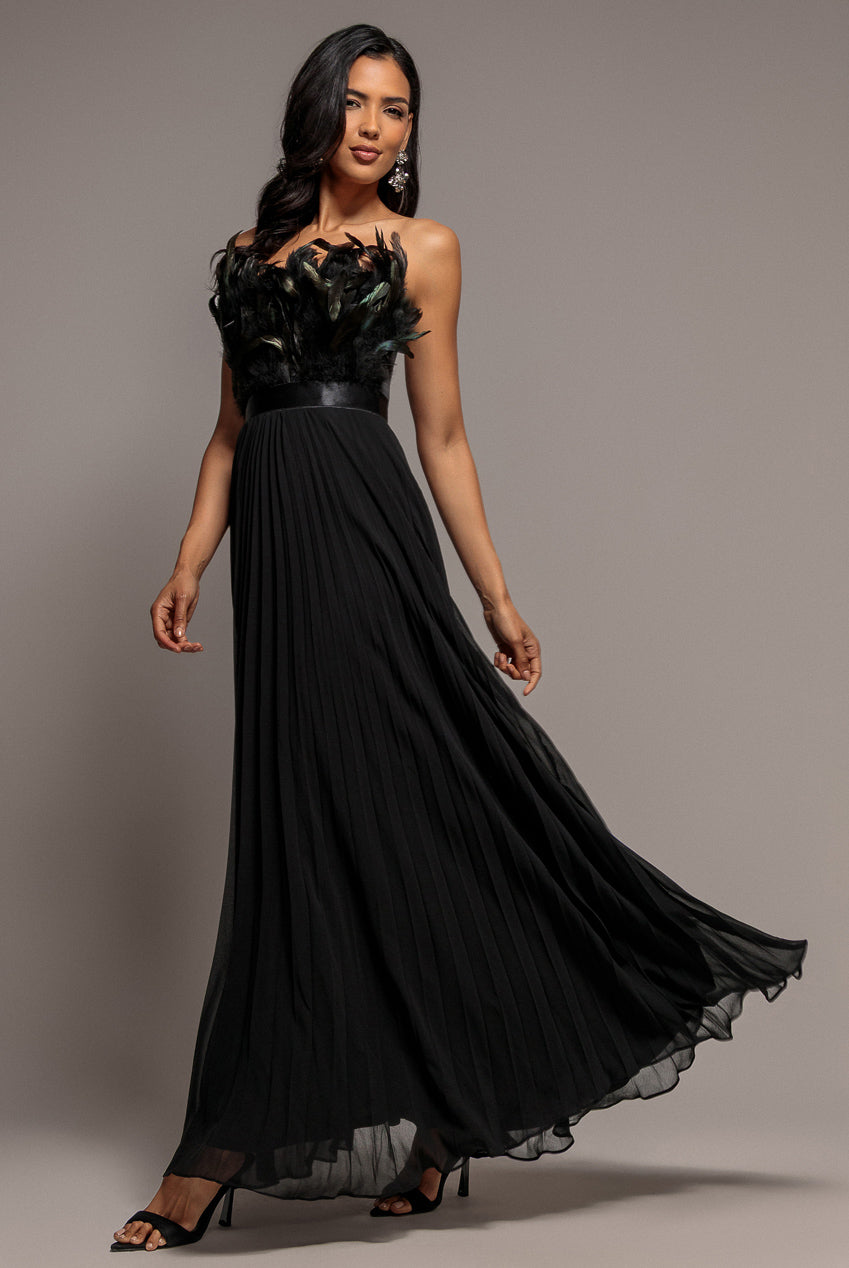 Feather Off The Shoulder Pleated Evening Maxi Dress - Black DR3233