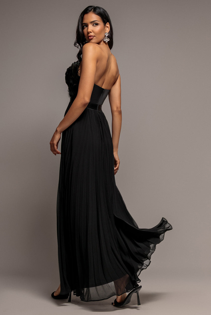 Feather Off The Shoulder Pleated Evening Maxi Dress - Black DR3233