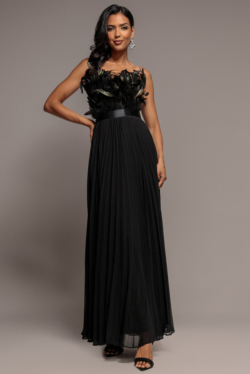 Feather Off The Shoulder Pleated Evening Maxi Dress - Black DR3233