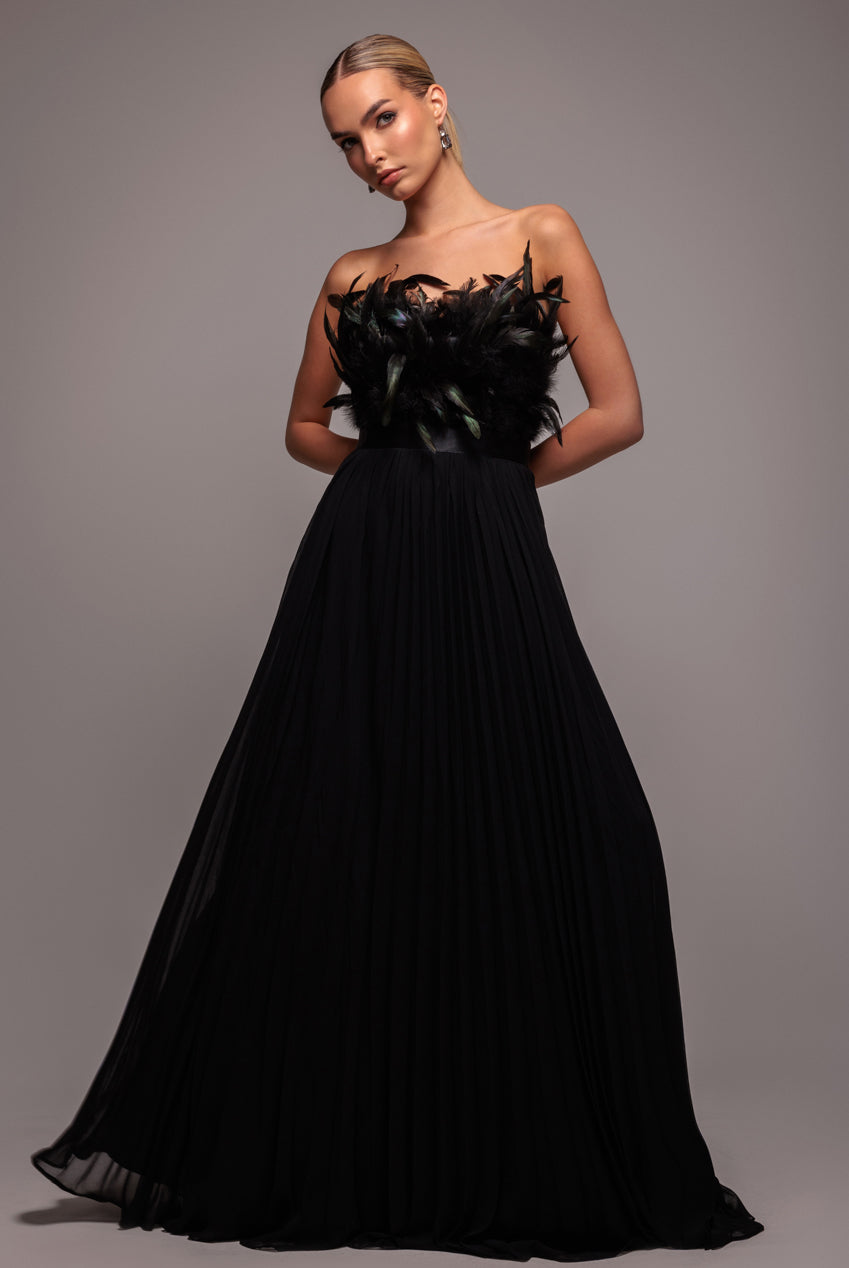 Feather Off The Shoulder Pleated Evening Maxi Dress - Black DR3233