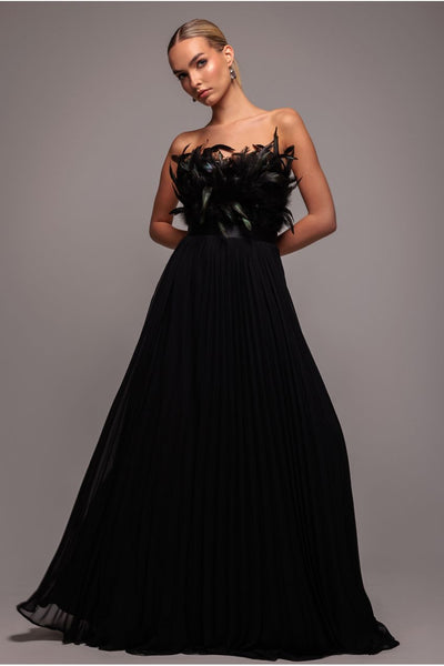 black feather maxi dress Feather Off The Shoulder Pleated Evening Maxi Dress - Black