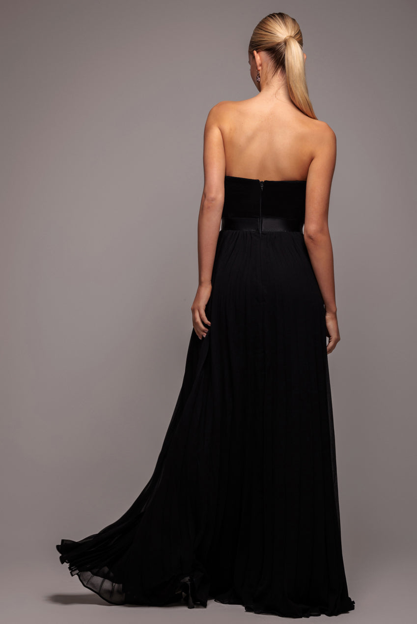 Feather Off The Shoulder Pleated Evening Maxi Dress - Black DR3233