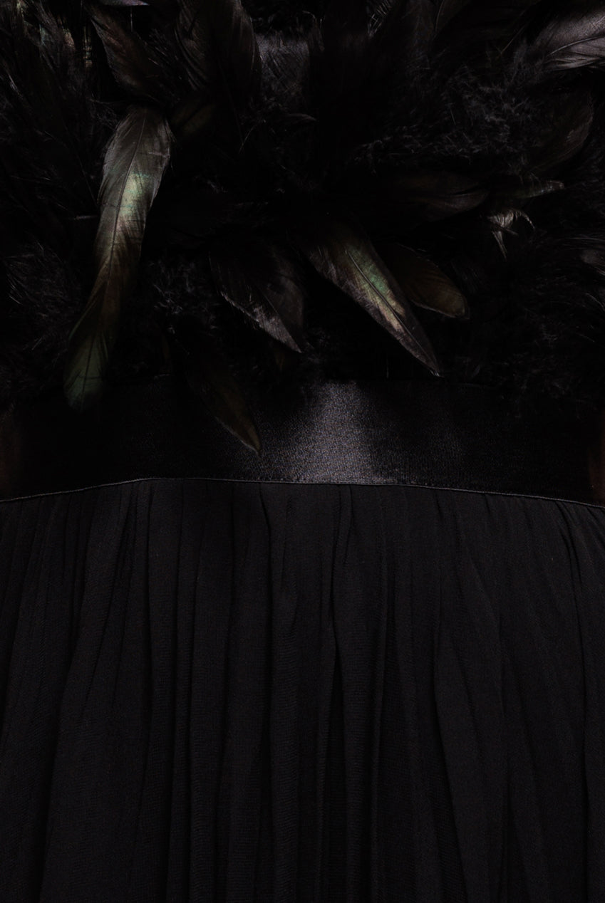 Feather Off The Shoulder Pleated Evening Maxi Dress - Black DR3233