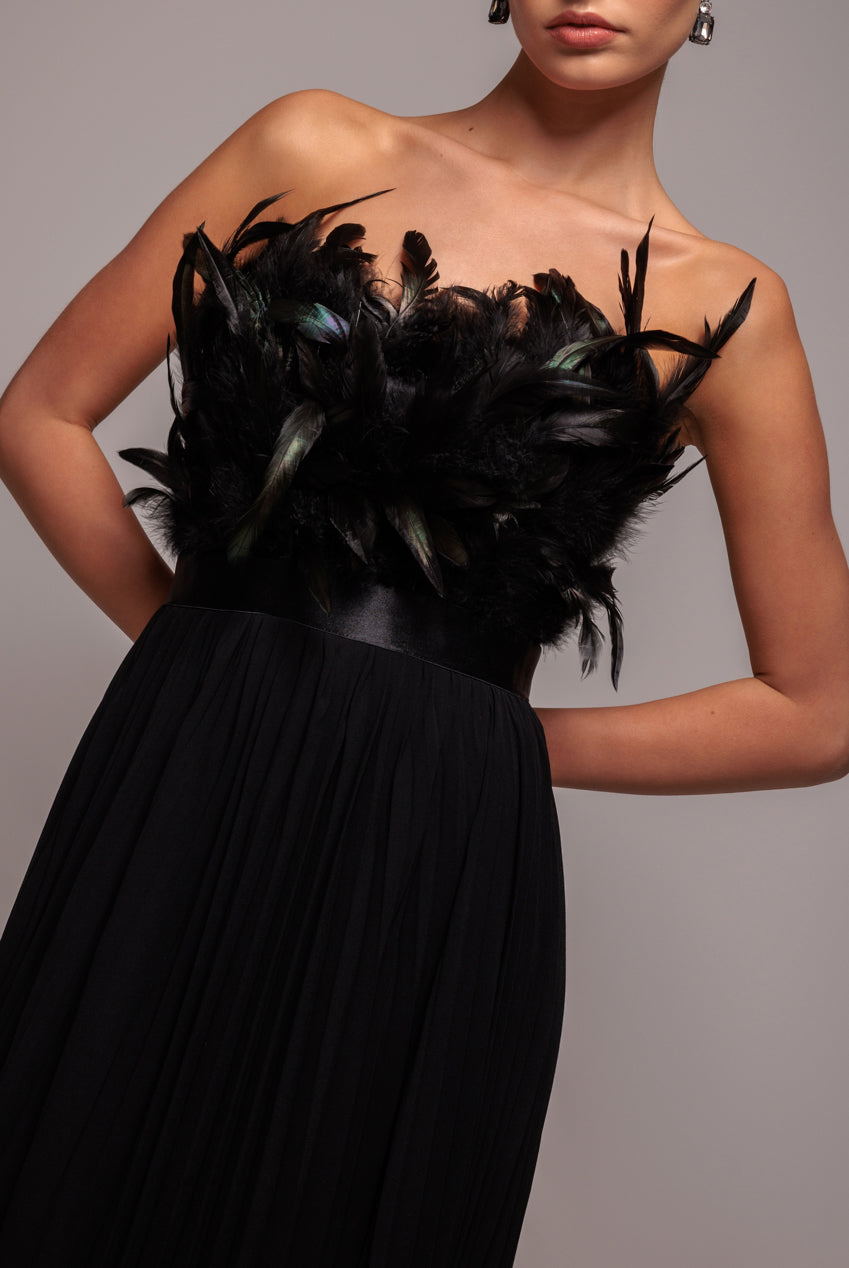 Feather Off The Shoulder Pleated Evening Maxi Dress - Black DR3233