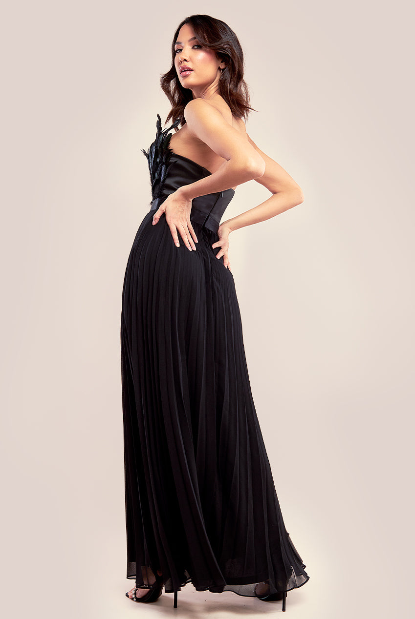 Feather Off The Shoulder Pleated Evening Maxi Dress - Black DR3233