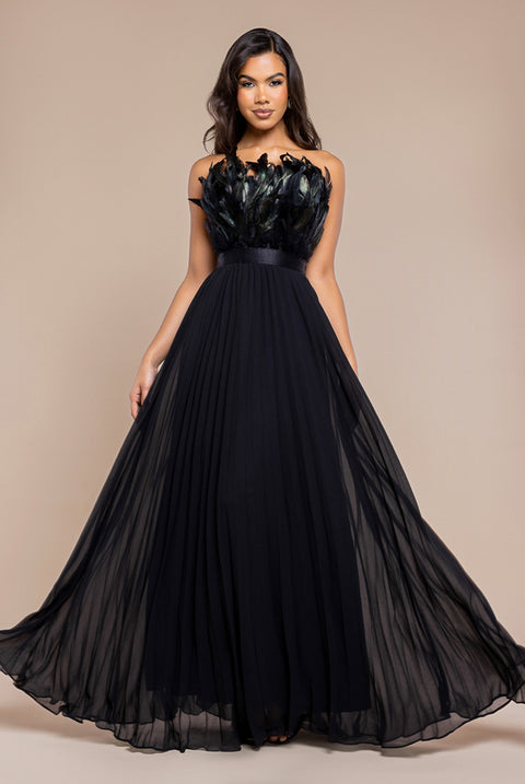 Feather Off The Shoulder Pleated Evening Maxi Dress - Black by Goddiva