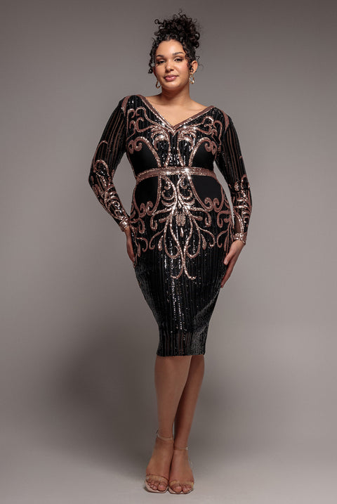 Sequin Mesh V Neck Midi Dress - Black by Goddiva Plus
