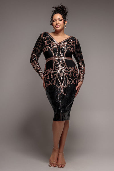 Black - Sequin Mesh V Neck Midi Dress - Black by Goddiva Plus