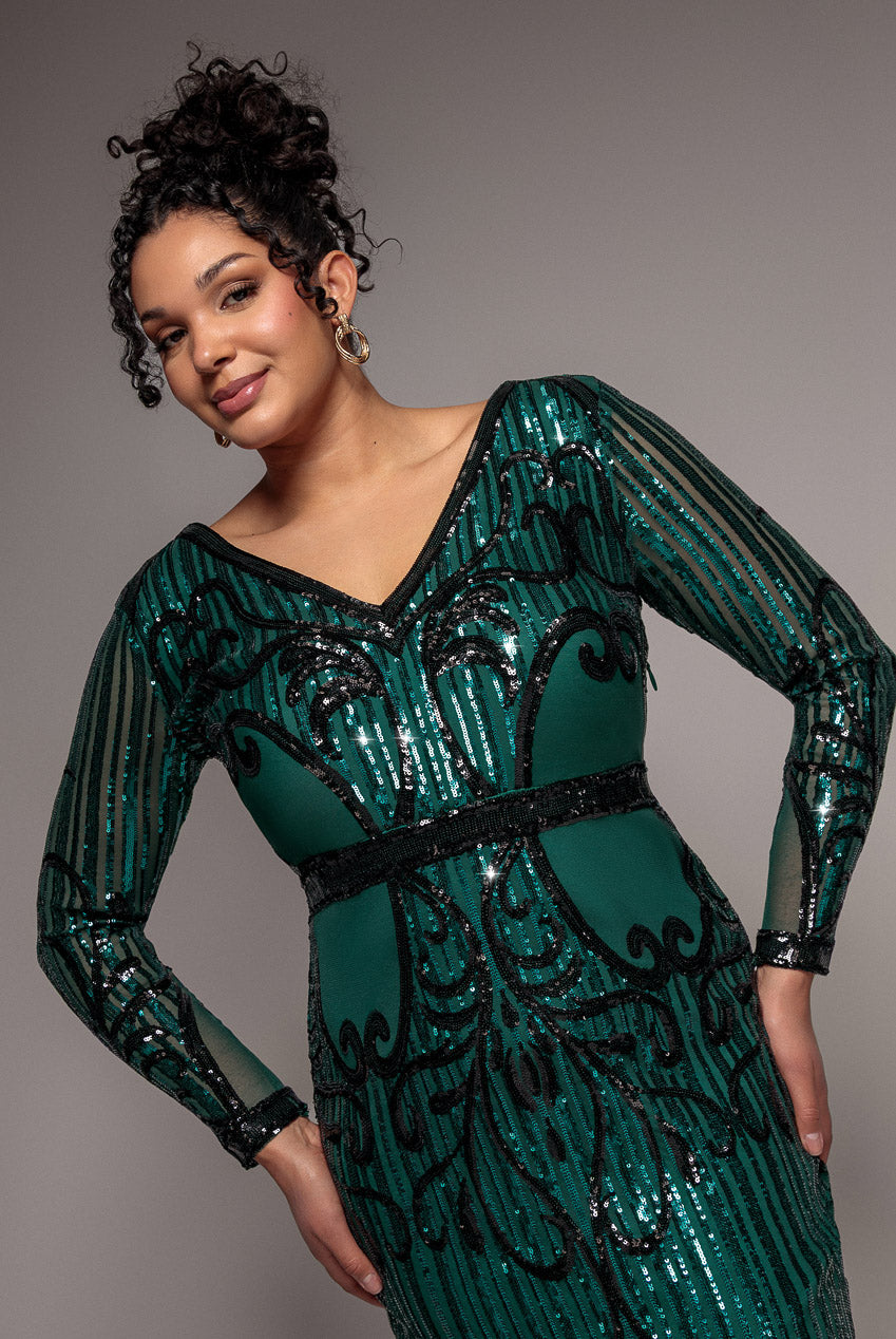 Sequin Mesh V Neck Midi Dress - Emerald DR3234P