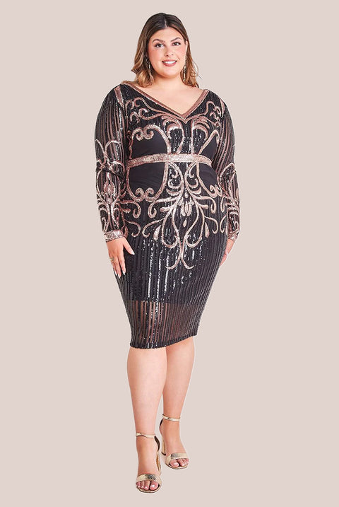 Goddiva Plus Sequin Mesh V Neck Midi Dress - Black