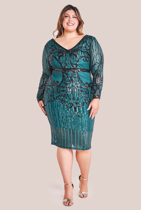 Sequin Mesh V Neck Midi Dress - Emerald DR3234P