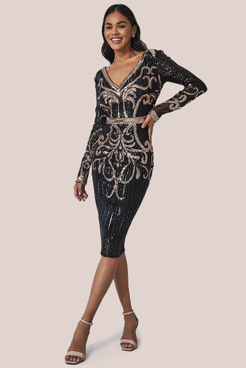 Sequin & Mesh Embroidered Midi Dress - Black DR3234