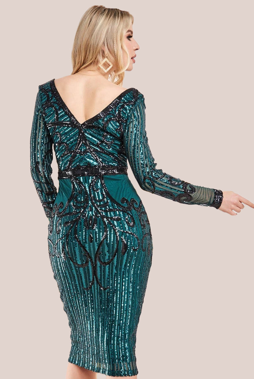 Sequin & Mesh Embroidered Midi Dress - Emerald Green DR3234