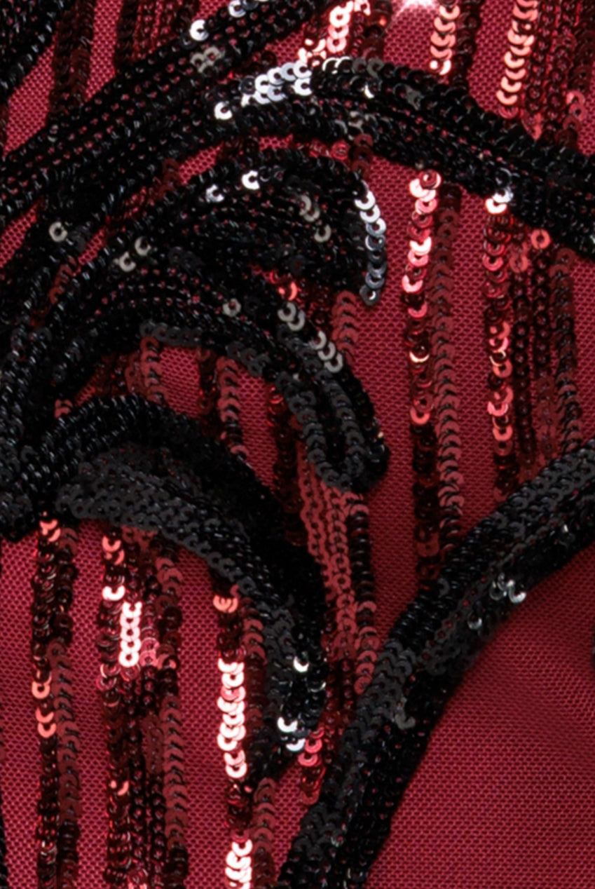 Sequin & Mesh Embroidered Midi Dress - Wine DR3234