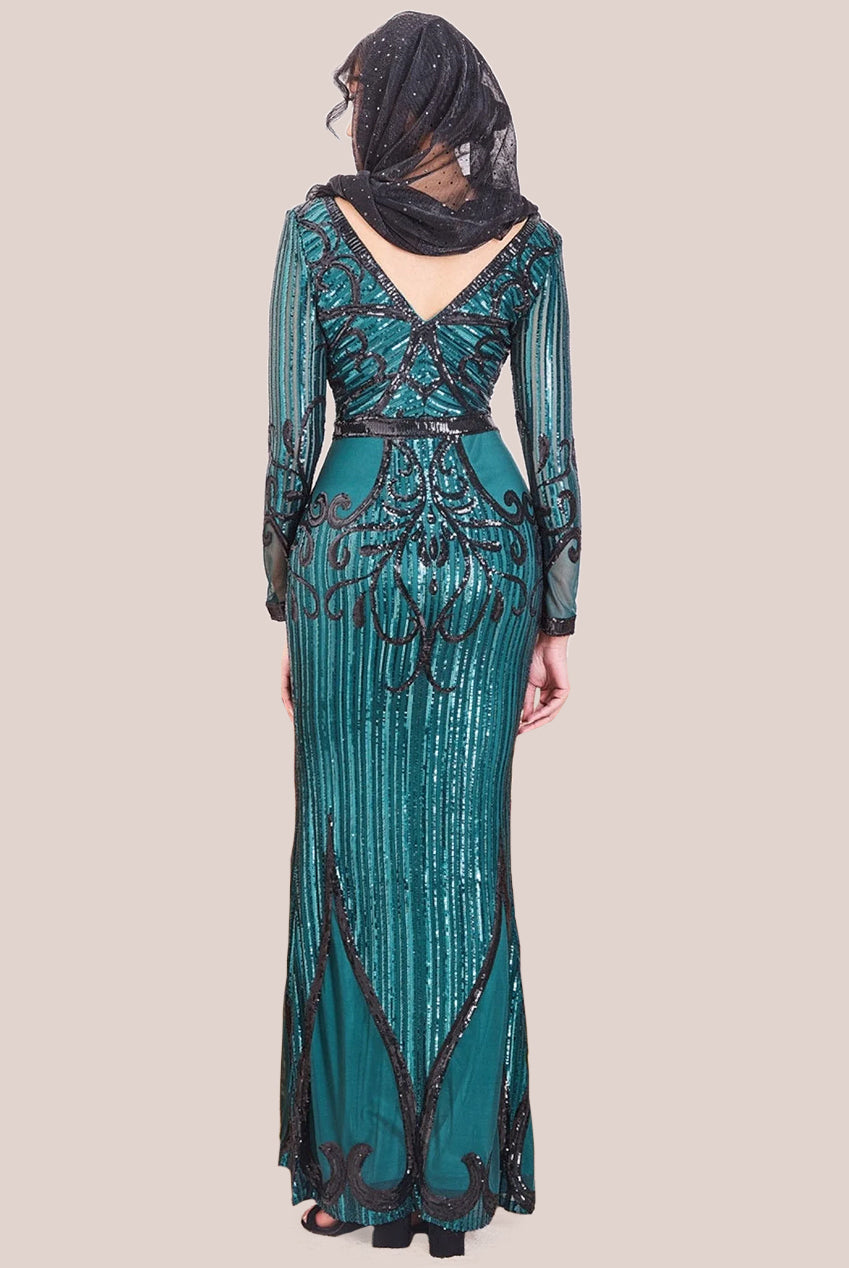 Modesty Sequin & Mesh Maxi Dress - Emerald DR3235MOD