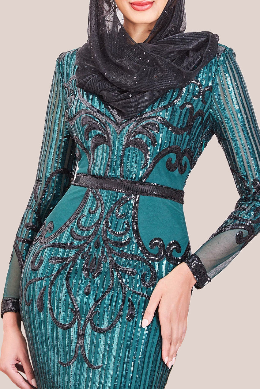 Modesty Sequin & Mesh Maxi Dress - Emerald DR3235MOD