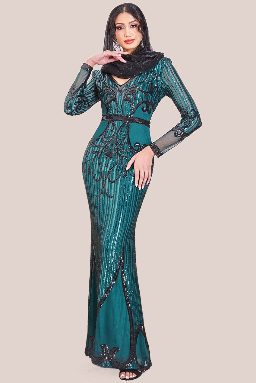 Modesty Sequin & Mesh Maxi Dress - Emerald DR3235MOD