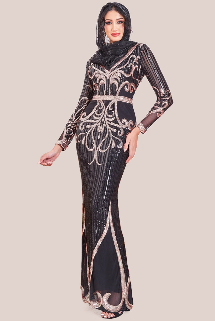 Modesty Sequin & Mesh Maxi Dress - Black DR3235MOD