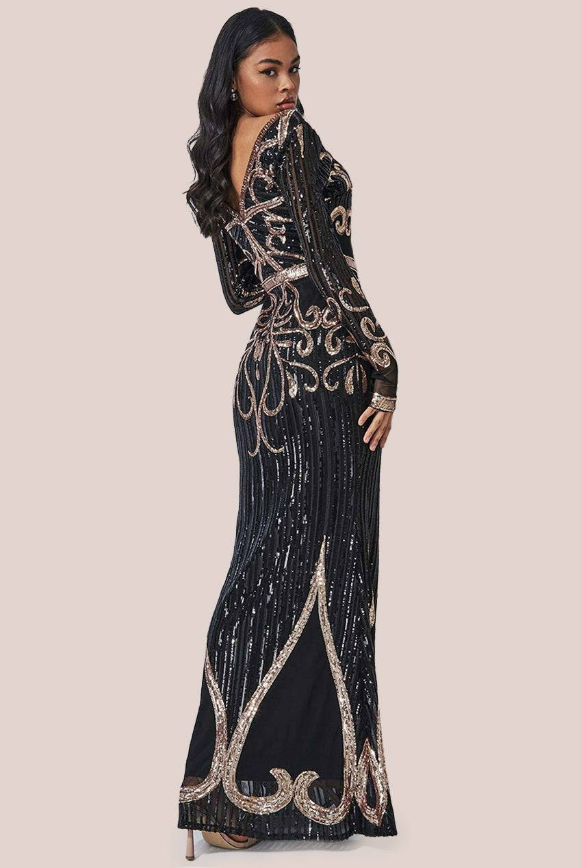 Sequin & Mesh Embroidered Maxi - Black DR3235