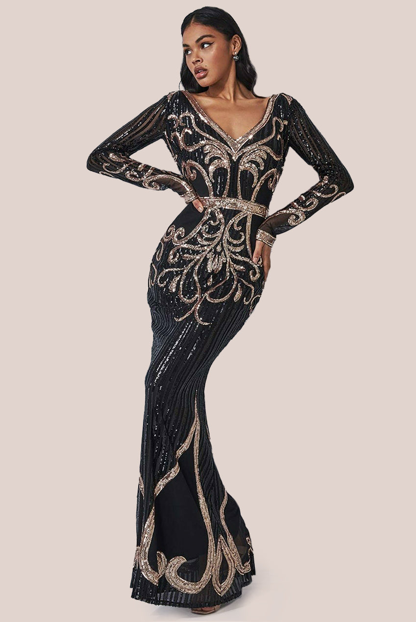 Sequin & Mesh Embroidered Maxi - Black DR3235