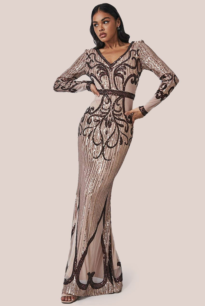 Sequin & Mesh Embroidered Maxi - Champagne DR3235