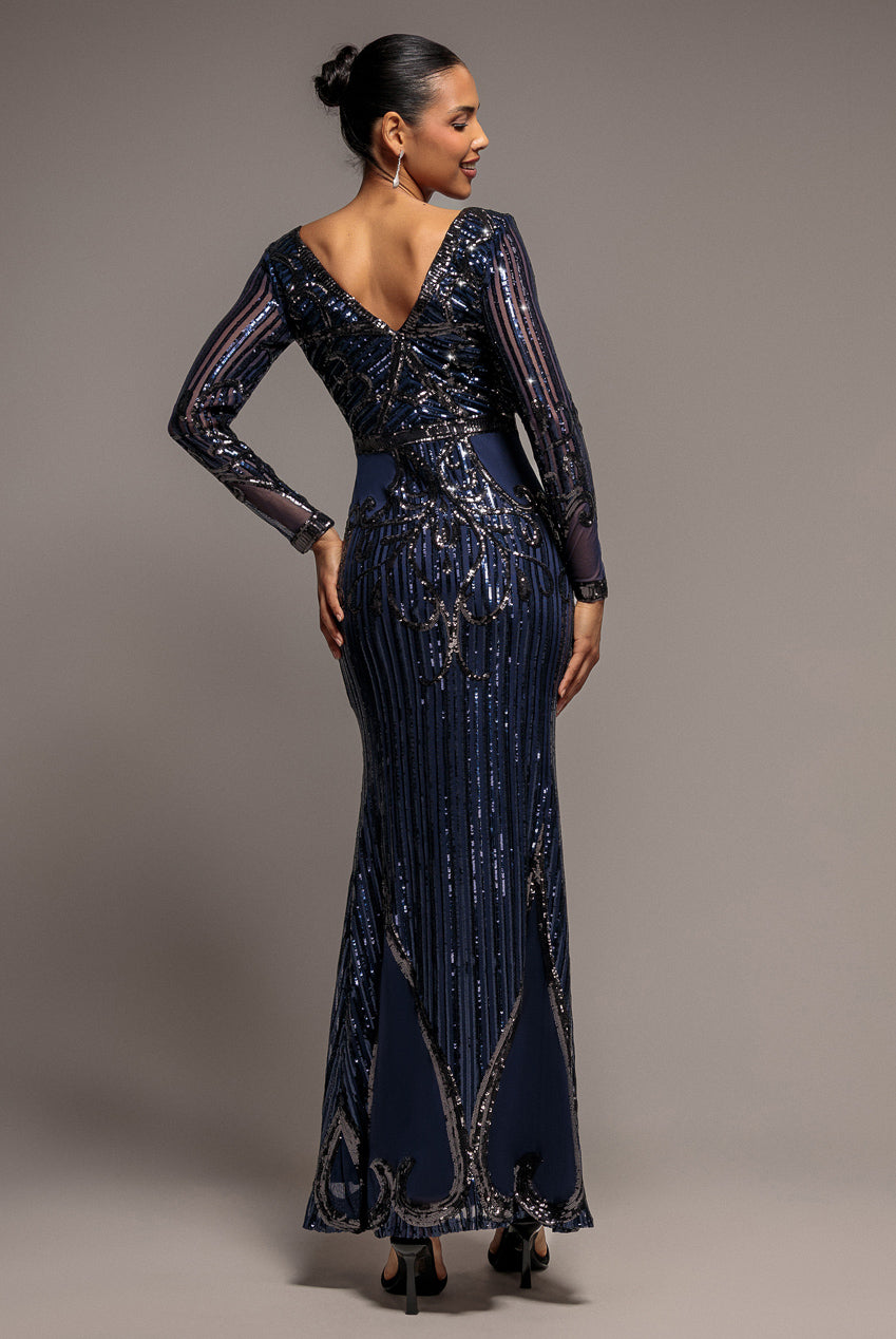 Sequin & Mesh Embroidered Maxi Dress - Navy Blue DR3235