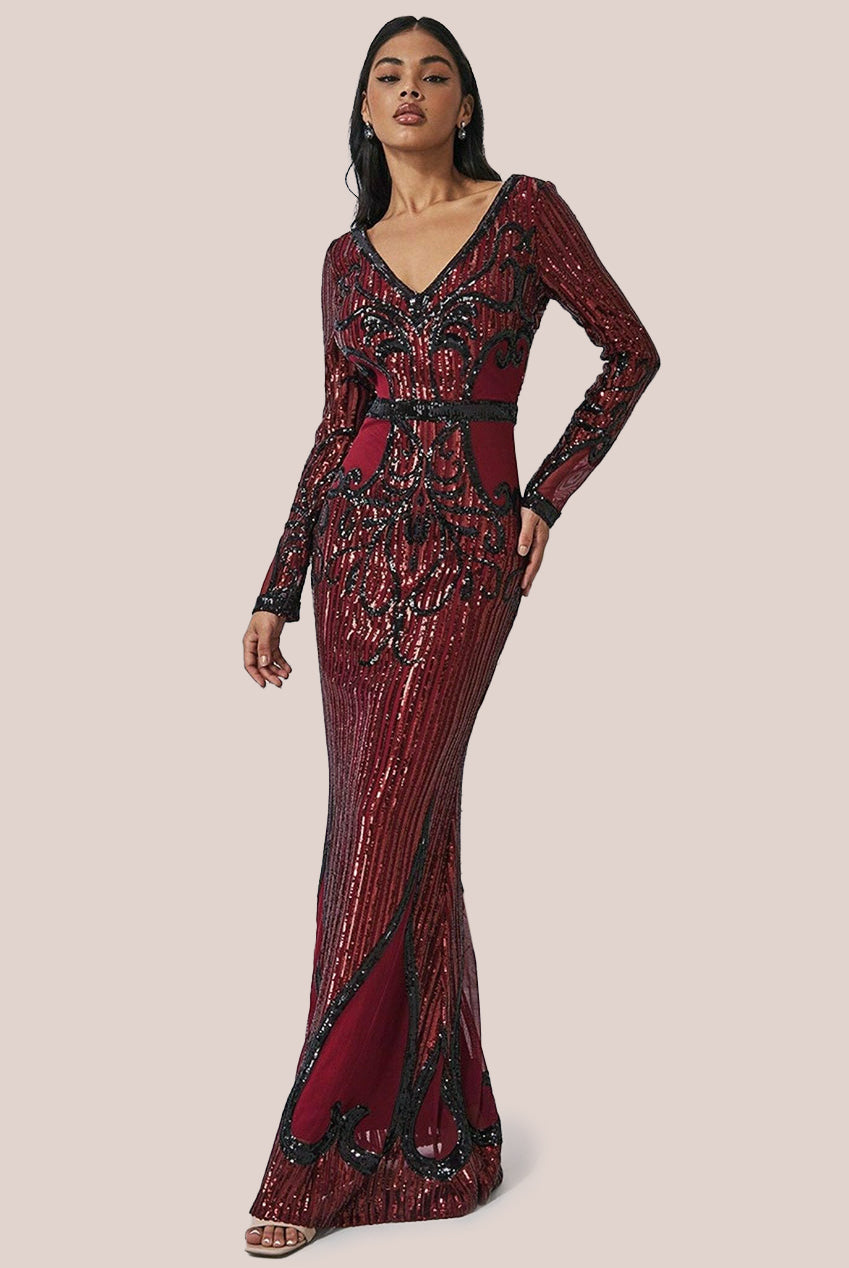 Sequin & Mesh Embroidered Maxi - Wine DR3235