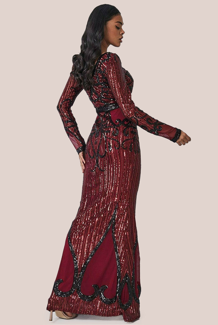 Sequin & Mesh Embroidered Maxi - Wine DR3235