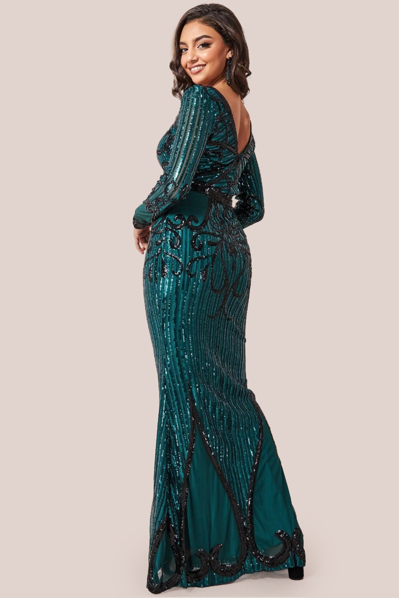 Sequin & Mesh Embroidered Maxi Dress - Emerald DR3235