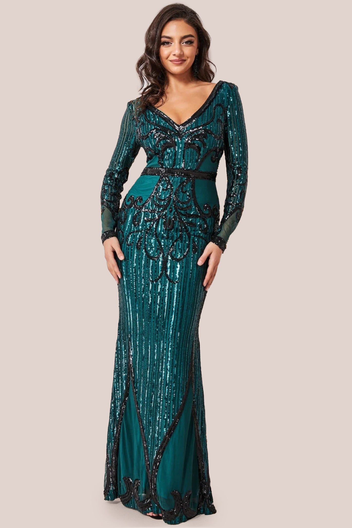 Sequin & Mesh Embroidered Maxi Dress - Emerald DR3235