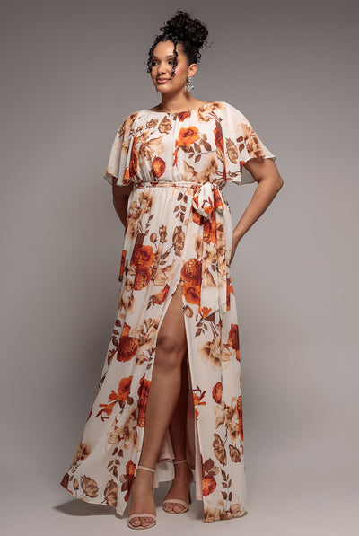 Beige - Wrap Back Flutter Sleeve Maxi - Beige by Goddiva Plus