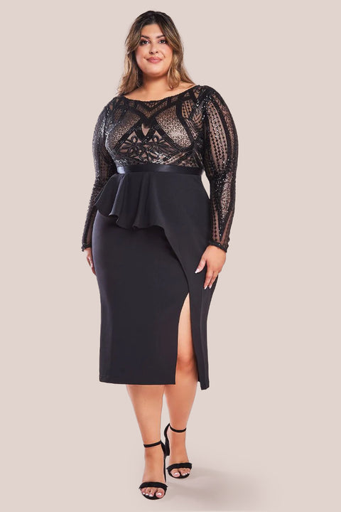 Sequin Bodice With Front Frill Midi - Black DR3237P