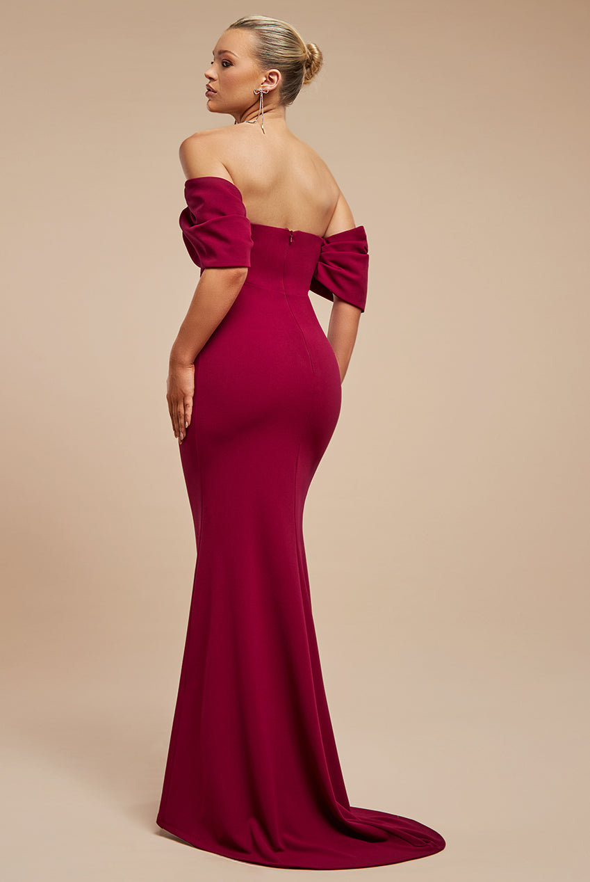 Off The Shoulder Draped Sleeve Maxi Dress - Burgundy DR3259