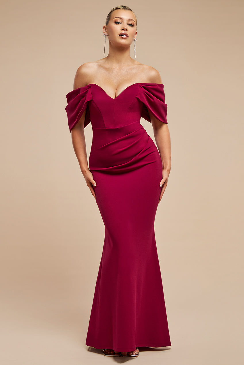 Off The Shoulder Draped Sleeve Maxi Dress - Burgundy DR3259