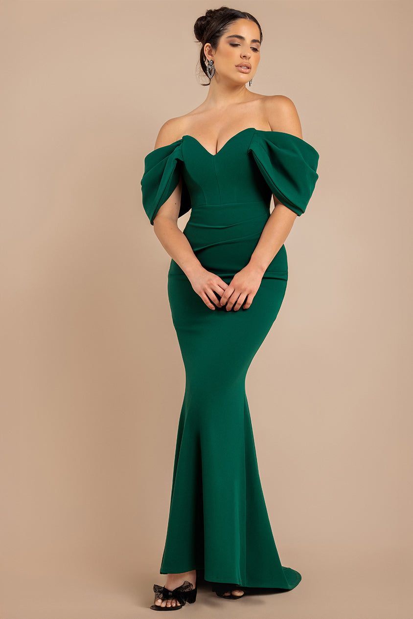 Off The Shoulder Draped Sleeve Maxi Dress - Emerald Green DR3259