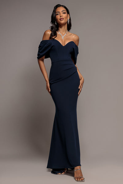 Navy - Off The Shoulder Draped Sleeve Maxi Dress - Navy Blue by Goddiva