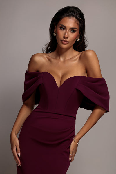 Off The Shoulder Draped Sleeve Maxi Dress - Plum by Goddiva