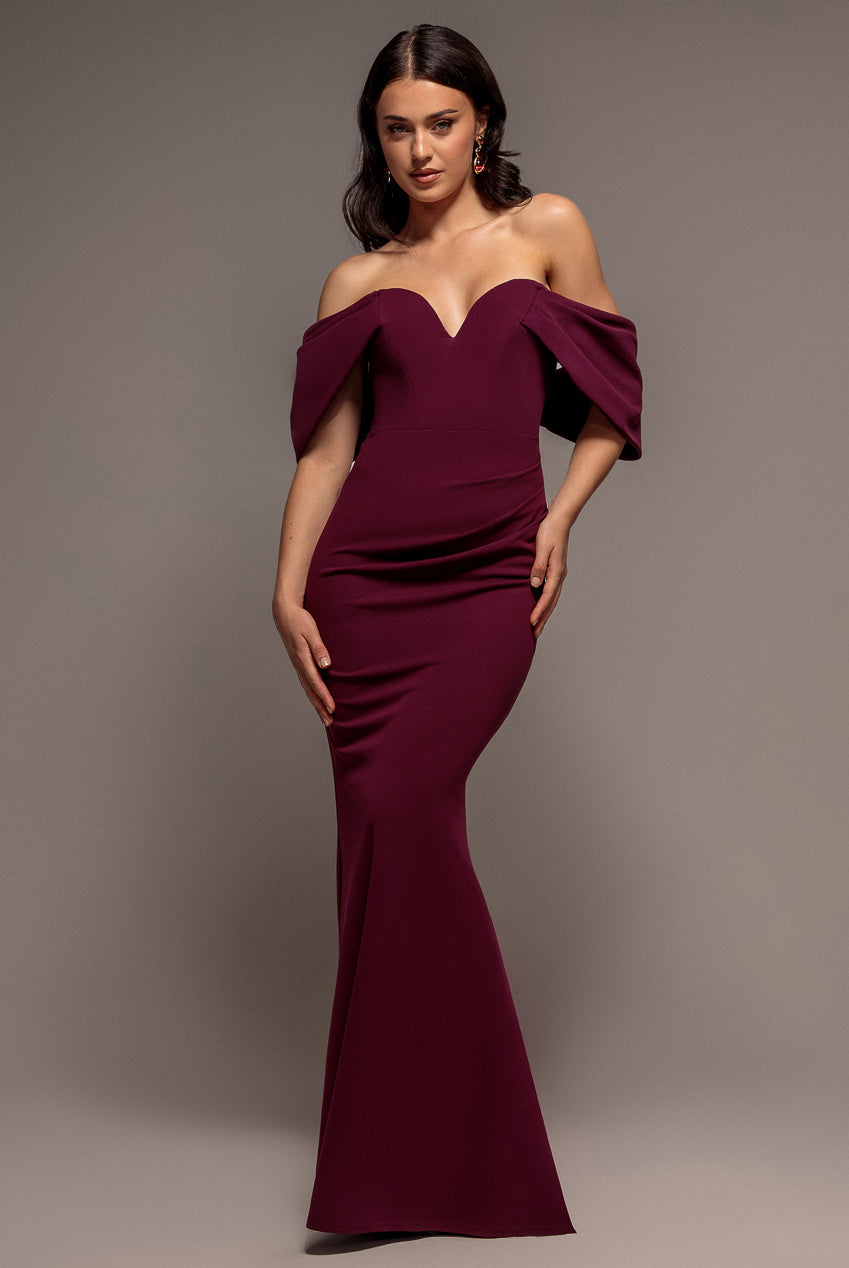 Off The Shoulder Draped Sleeve Maxi Dress - Plum DR3259