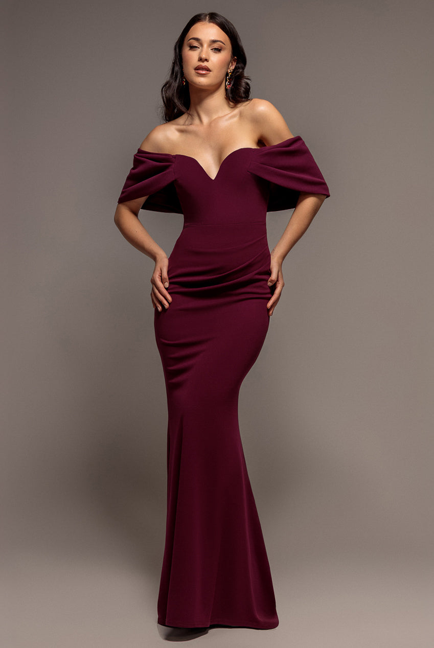 Off The Shoulder Draped Sleeve Maxi Dress - Plum DR3259