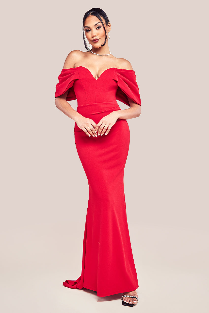 Off The Shoulder Draped Sleeve Maxi Dress - Red DR3259